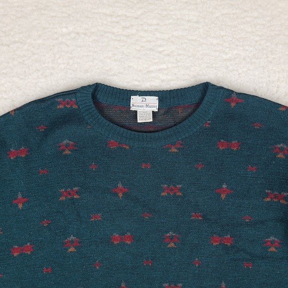 Neiman Marcus Sweater Mens Large Dark Green Geometric Crewneck Sweatshirt VTG - Picture 4 of 10